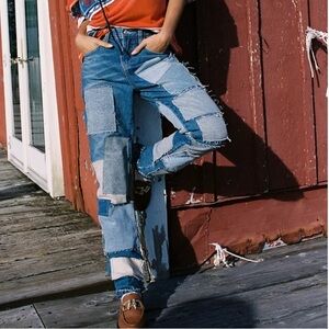 Free People Patchwork Straight Leg Jeans - Blue and Gray